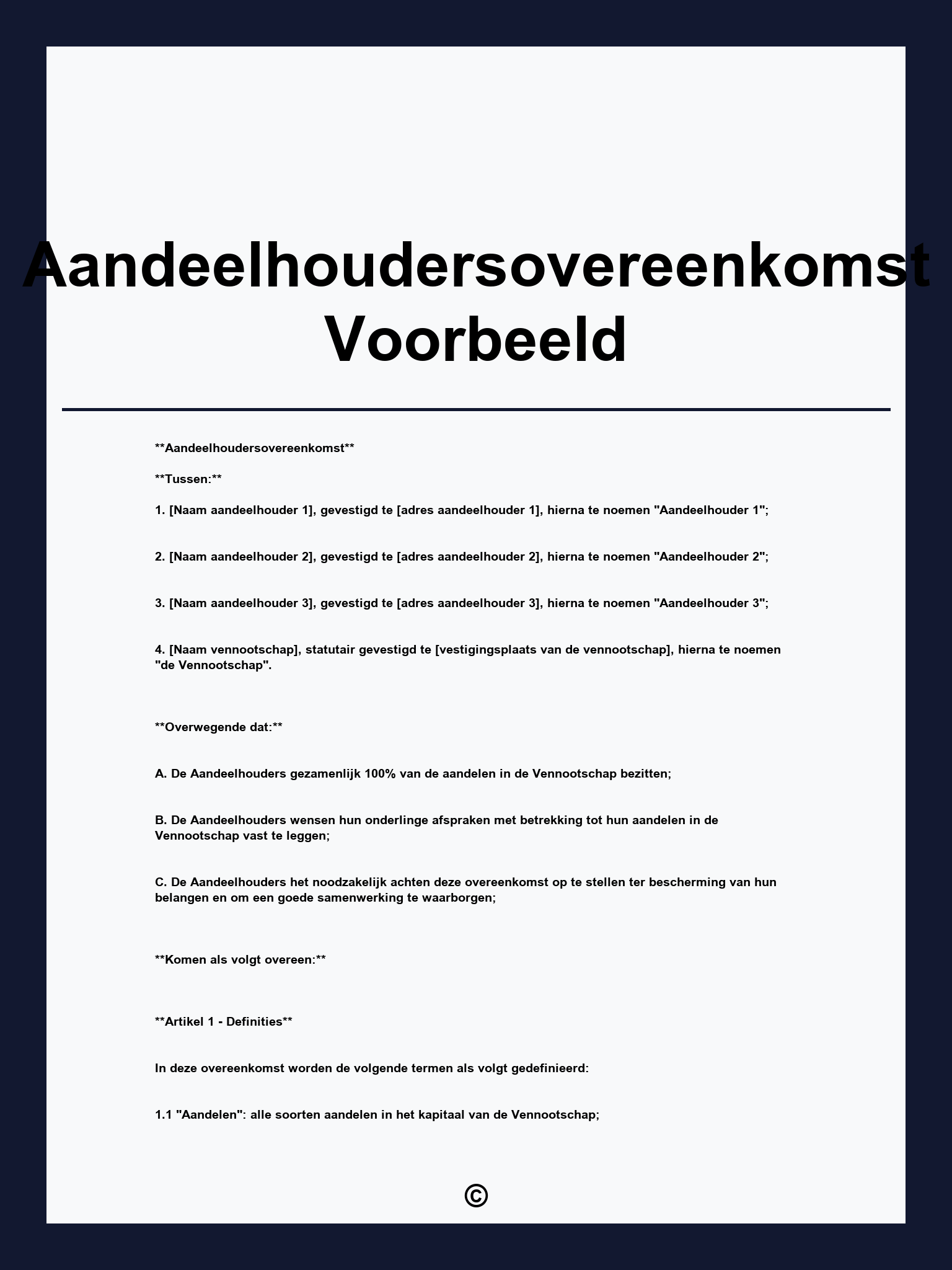 Aandeelhoudersovereenkomst Voorbeeld