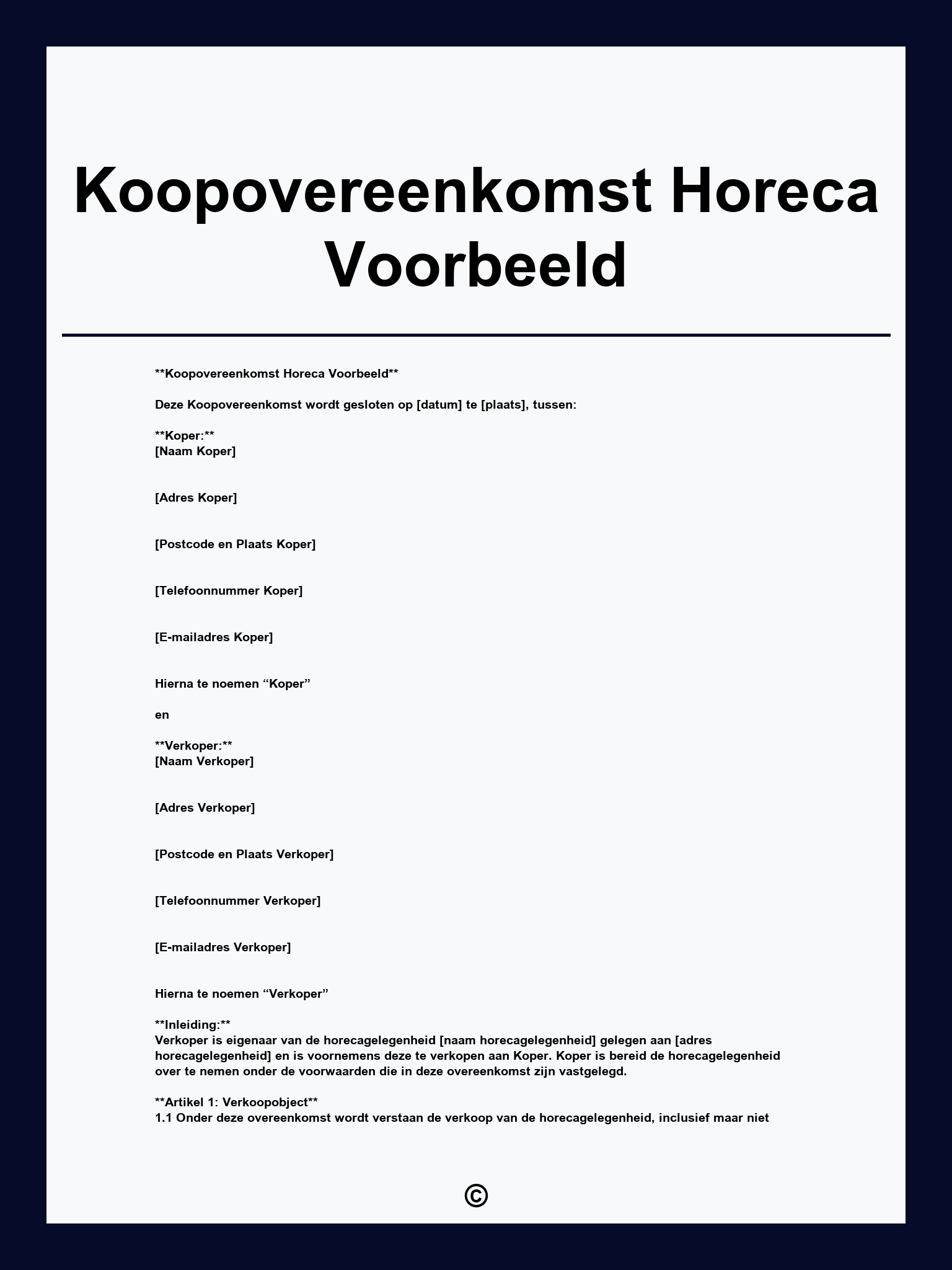 Koopovereenkomst Horeca Voorbeeld