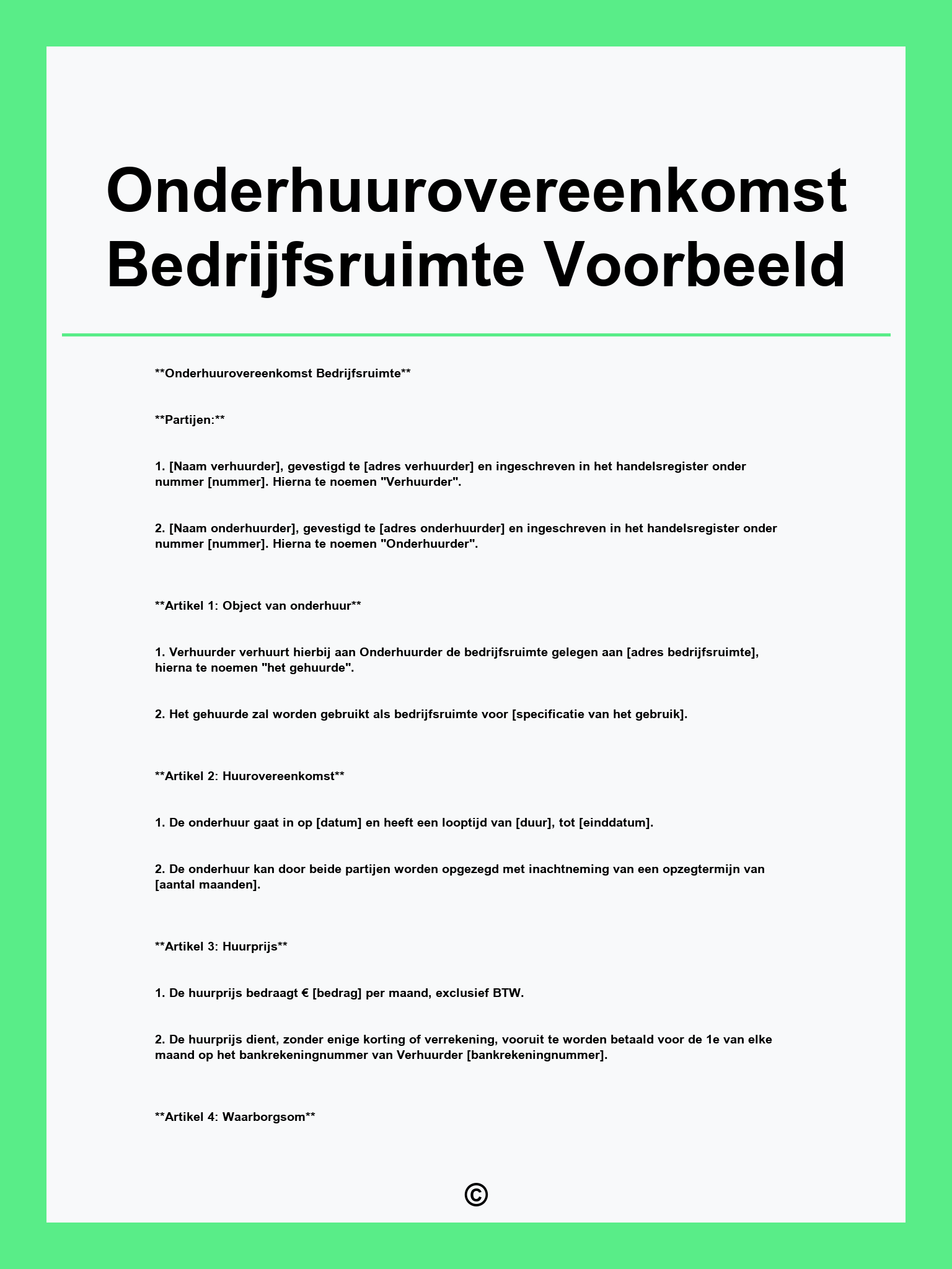 Onderhuurovereenkomst Bedrijfsruimte Voorbeeld