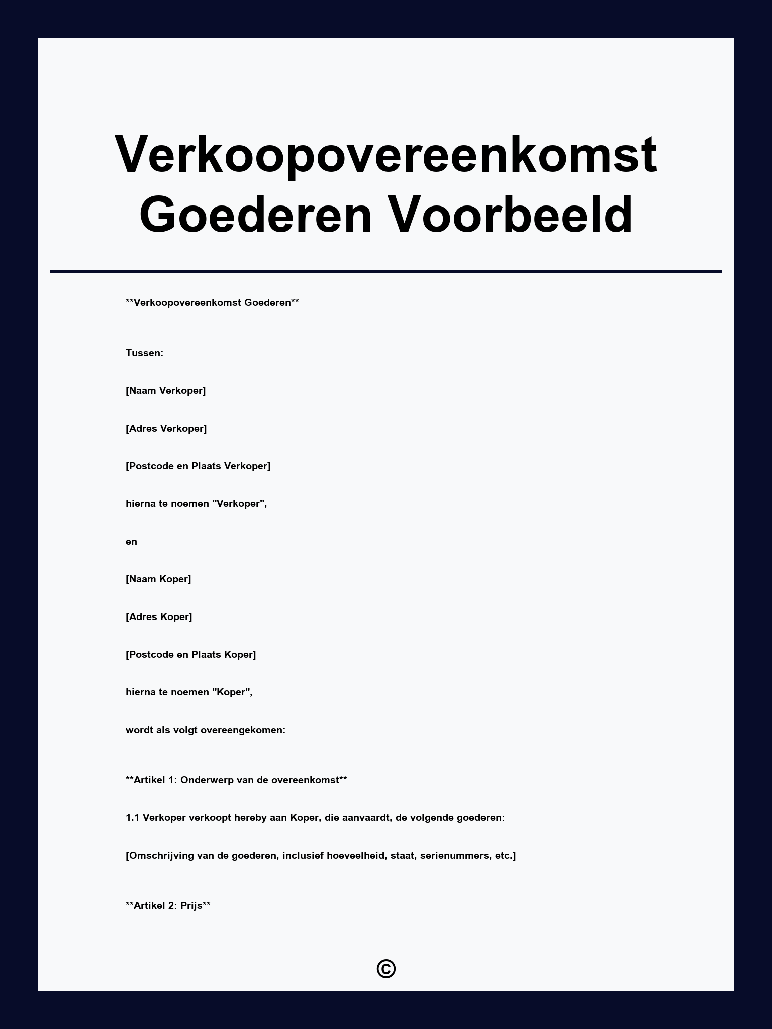 Verkoopovereenkomst Goederen Voorbeeld