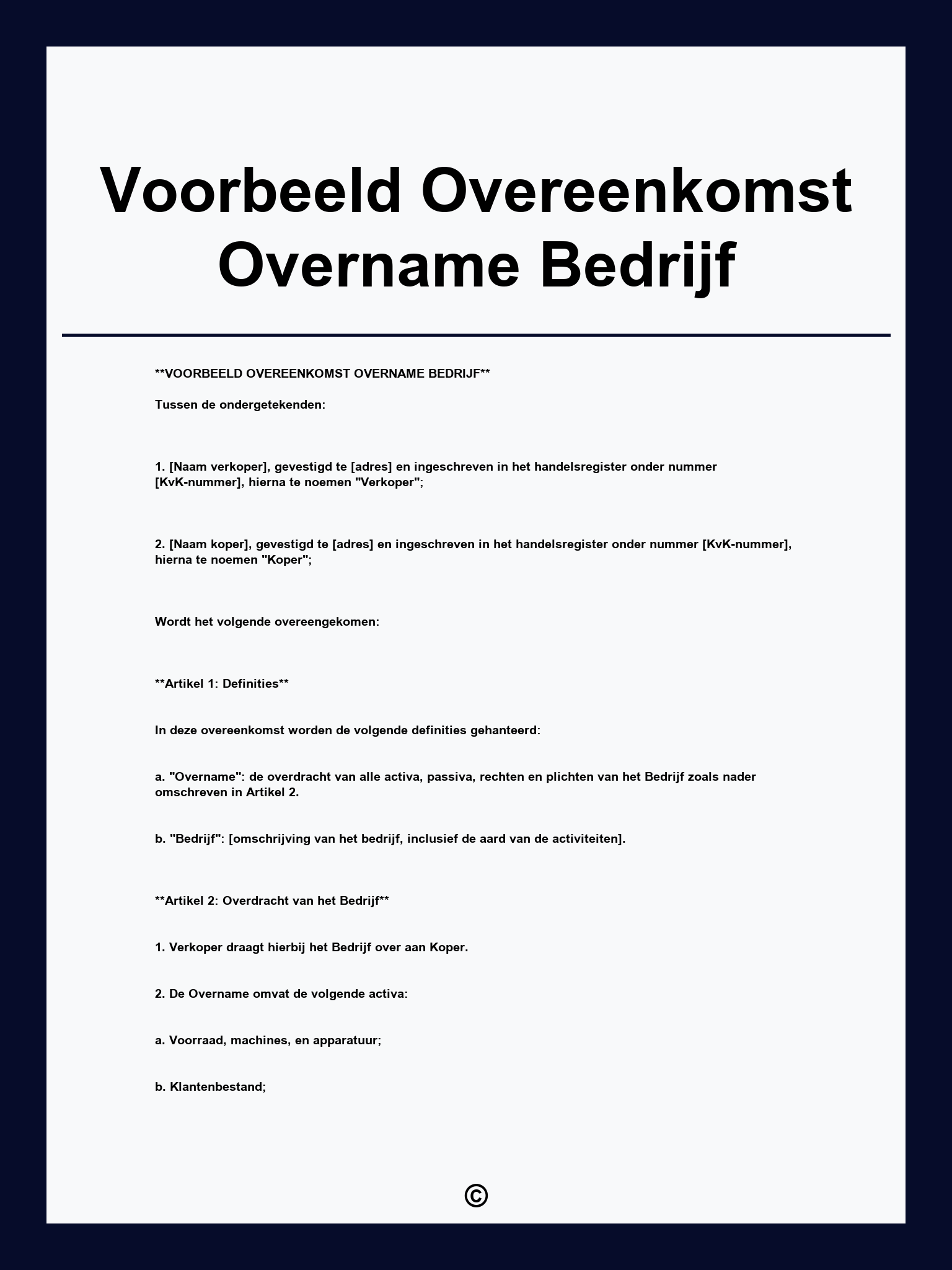 Voorbeeld Overeenkomst Overname Bedrijf