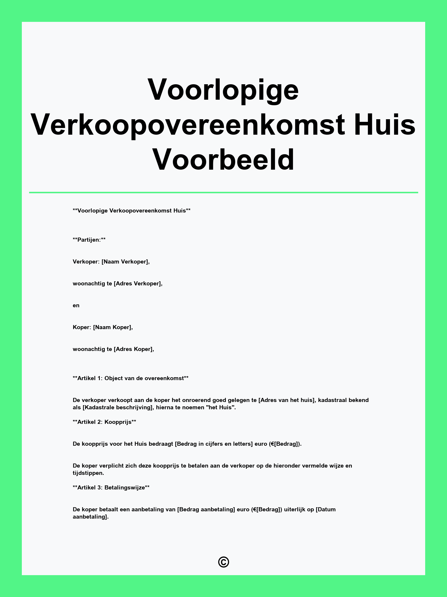 Voorlopige Verkoopovereenkomst Huis Voorbeeld